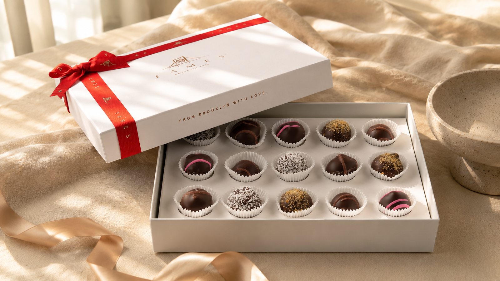 Open Fames assorted chocolate gift box presented for gifting