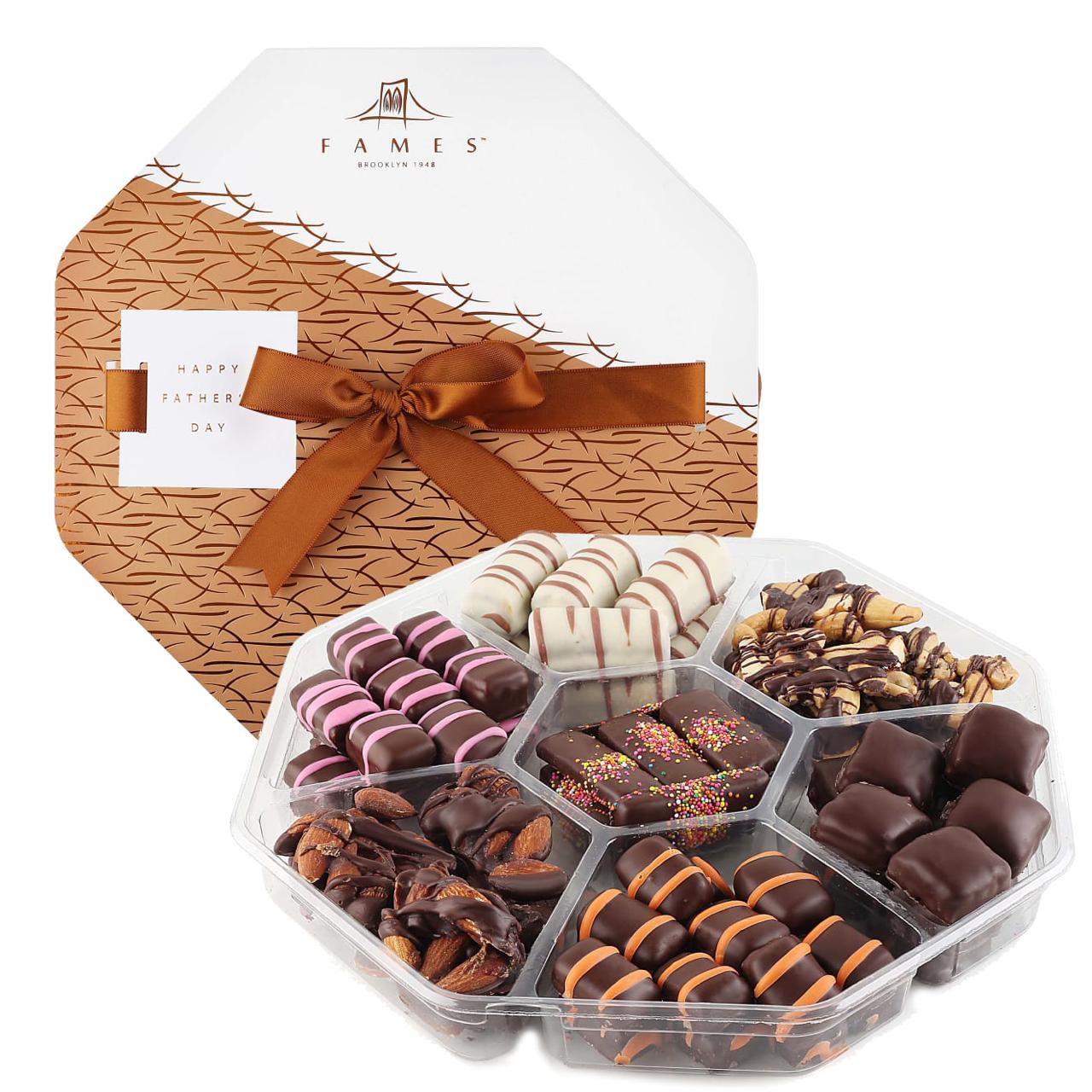 Hexagonal box of chocolates with a 'Happy Father's Day' card, branded 'Fames'.