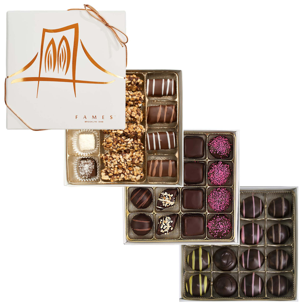 Artisan Crafted Chocolate Gift Boxes, 3 Assorted Chocolate Gift Boxes, 47 pc, Dairy Free, Kosher.  Fames Chocolate