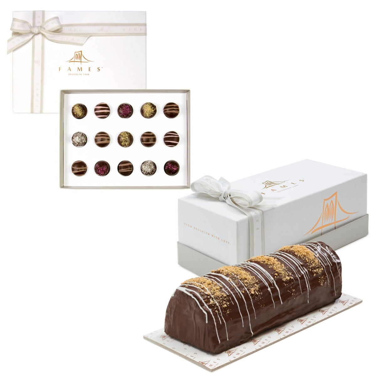 Chocolate Gift Set, Luxury Chocolate Gift Box with Chocolate Log, Kosher, Dairy Free.  Fames Chocolate